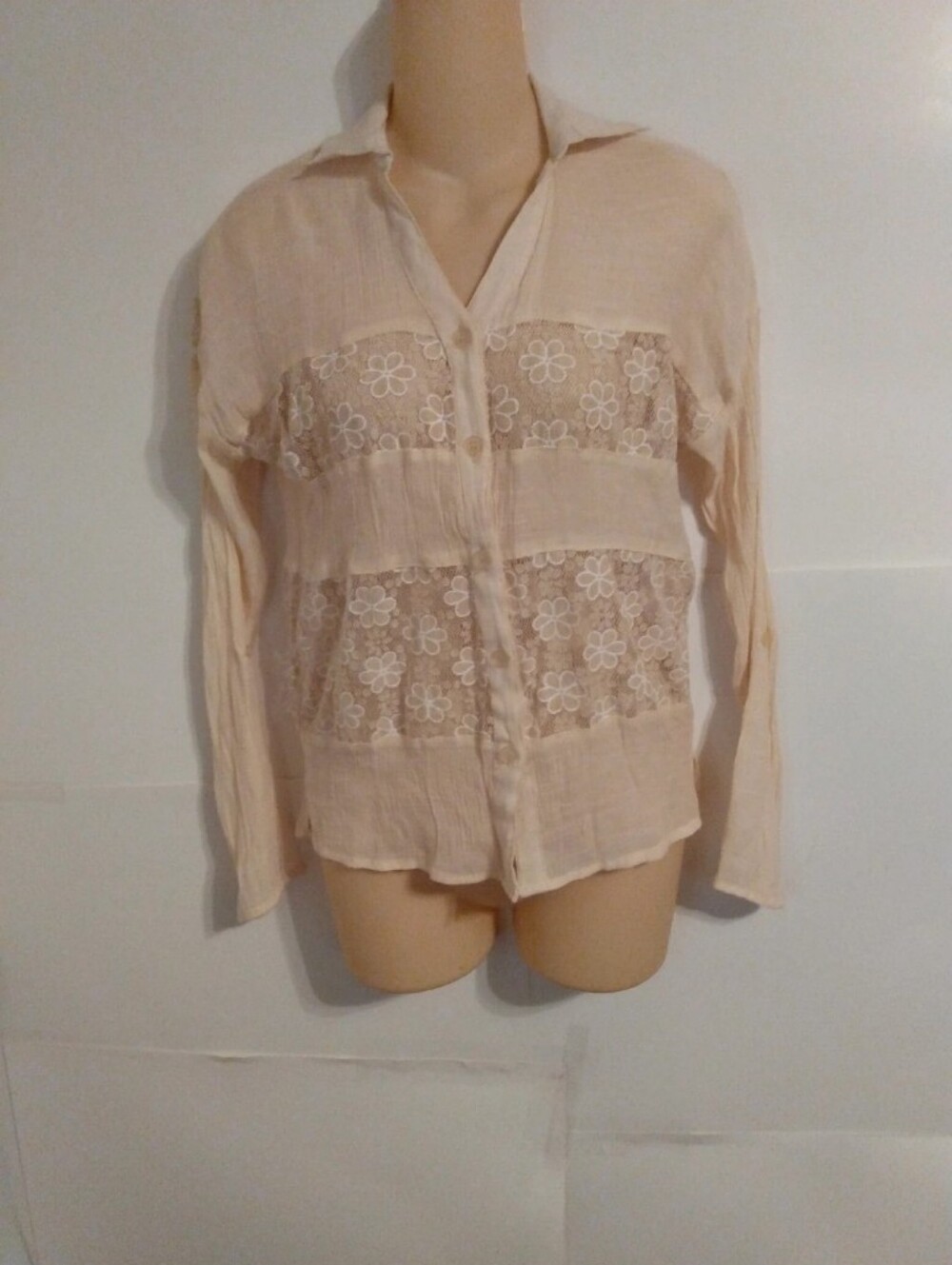 Boho Daisy Embroidered Lace Inserts Button Up Gauze Cream Blouse Too Fairycore
